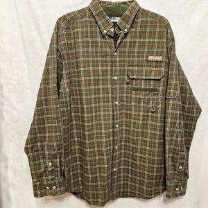 Columbia PHG Shirt Men's Large 100% Cotton Green Orange Plaid Vented Roll Sleeve